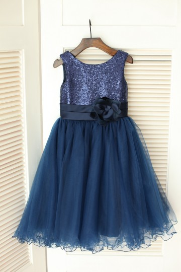 Princessly.com-K1003389 Navy Blue Sequin Tulle Wedding Flower Girl Dress-20