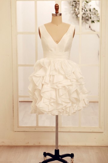 Princessly.com-K1000065-Deep V Neck Ivory Taffeta Ruffle Knee length Short Wedding dress-20
