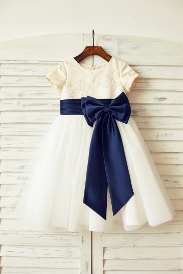 Princessly.com-K1000081-Ivory lace Tulle Flower Girl Dress with short sleeves/big navy blue bow-20