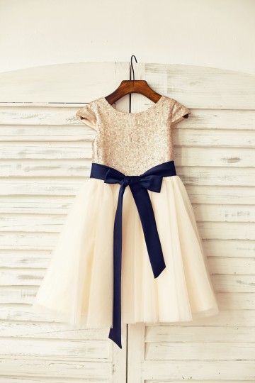 Princessly.com-K1000124-Cap Sleeves Blush Pink Sequin Ivory Tulle Flower Girl Dress with navy blue belt-20