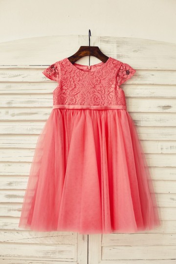 Princessly.com-K1000191-Coral Lace Tulle Cap Sleeve Flower Girl Dress-20