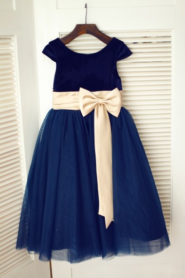 Princessly.com-K1003337 Navy Blue Velvet Tulle Cap Sleeve Wedding Flower Girl Dress with Champagne Sash\Bow-20