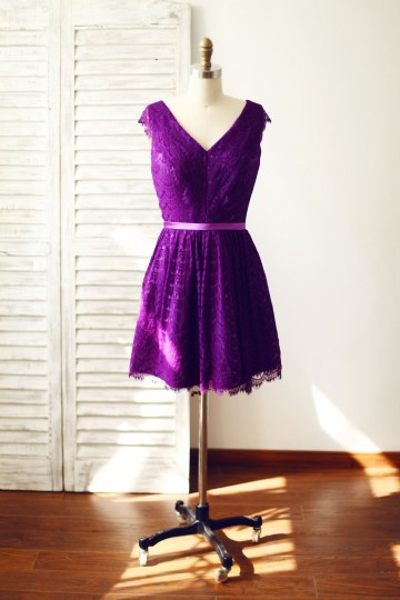 Princessly.com-K1000102-V Neck Purple Lace Bridesmaid Dress Knee Length Short Dress-20