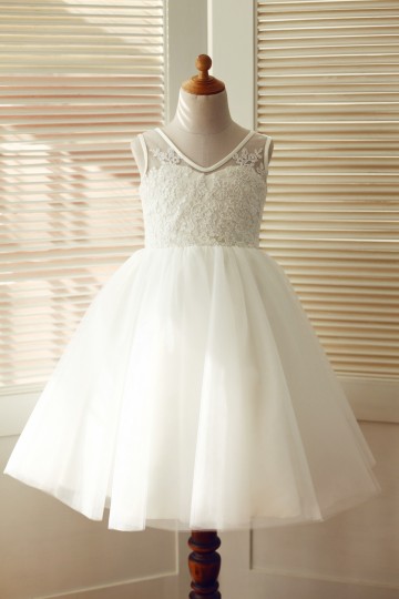 Princessly.com-K1003313-V Back Ivory Lace Tulle Wedding Flower Girl Dress-20