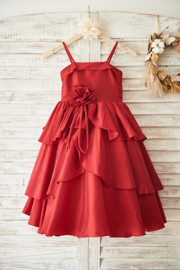 Princessly.com-K1003498-Red Taffeta Cupcake Wedding Flower Girl Dress with Spaghetti Straps/Bow-20