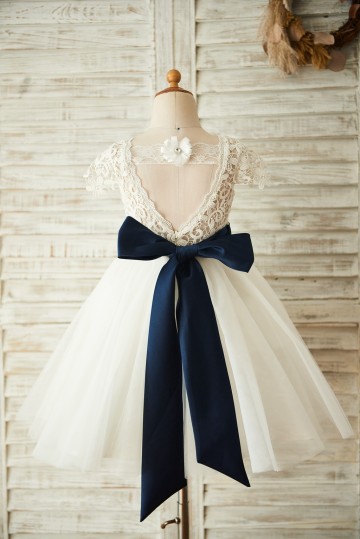 Princessly.com-K1003658-Short Sleeves V Back Lace Tulle Wedding Flower Girl Dress with Navy Blue Belt-20