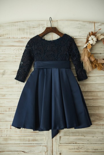 Princessly.com-K1003352 Long Sleeves Navy Blue Lace Satin Wedding Flower Girl Dress with Belt-20