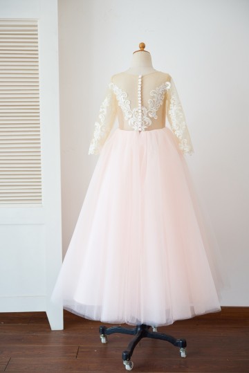 Princessly.com-K1003628-Long Sleeves Ivory Lace Pink Tulle Sheer Back Wedding TUTU Flower Girl Dress-20