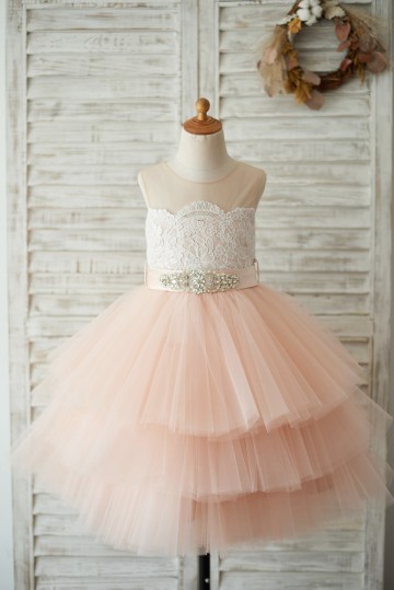 Princessly.com-K1003530-Sheer Neck Peach Pink Tulle Lace Cupcake Skirt Wedding Flower Girl Dress with beaded sash-20