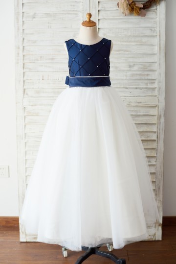 Princessly.com-K1003653-Navy Blue Taffeta Ivory Tulle Wedding Party Flower Girl Dress with Pearls-20