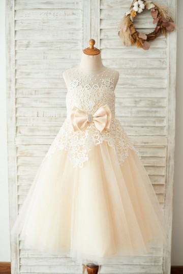 Princessly.com-K1003674 Ivory Lace Champagne Tulle Wedding Party Flower Girl Dress with Pearls-20