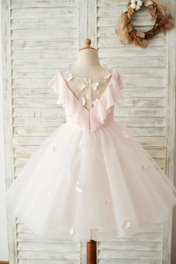 Princessly.com-K1003675-Pink Chiffon Tulle Sheer Neck Wedding Flower Girl Dress-20
