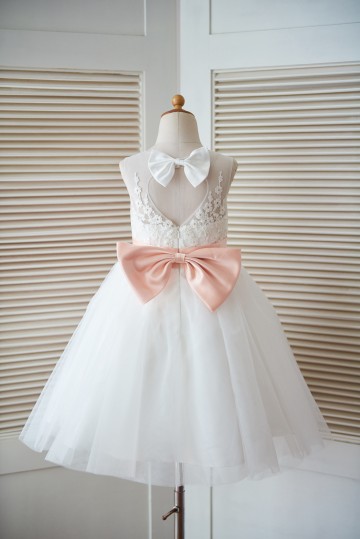 Princessly.com-K1003296-Ivory Lace Tulle Keyhole Back Wedding Flower Girl Dress with Blush Pink Bow-20