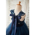 Princessly.com-K1003875-Navy Blue Lace Glitter Tulle Beaded Cross Back Wedding Flower Girl Dress-01