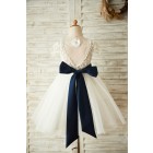 Princessly.com-K1003658-Short Sleeves V Back Lace Tulle Wedding Flower Girl Dress with Navy Blue Belt-01